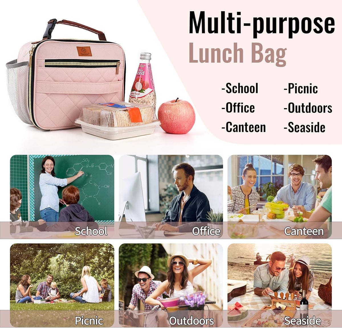 Lunch Box for Kids,Girls - Insulated Lunch Bag Reusable, Zip Closure & Buckle Handle, Portable Cooler for Work, School, Travel (Pink)