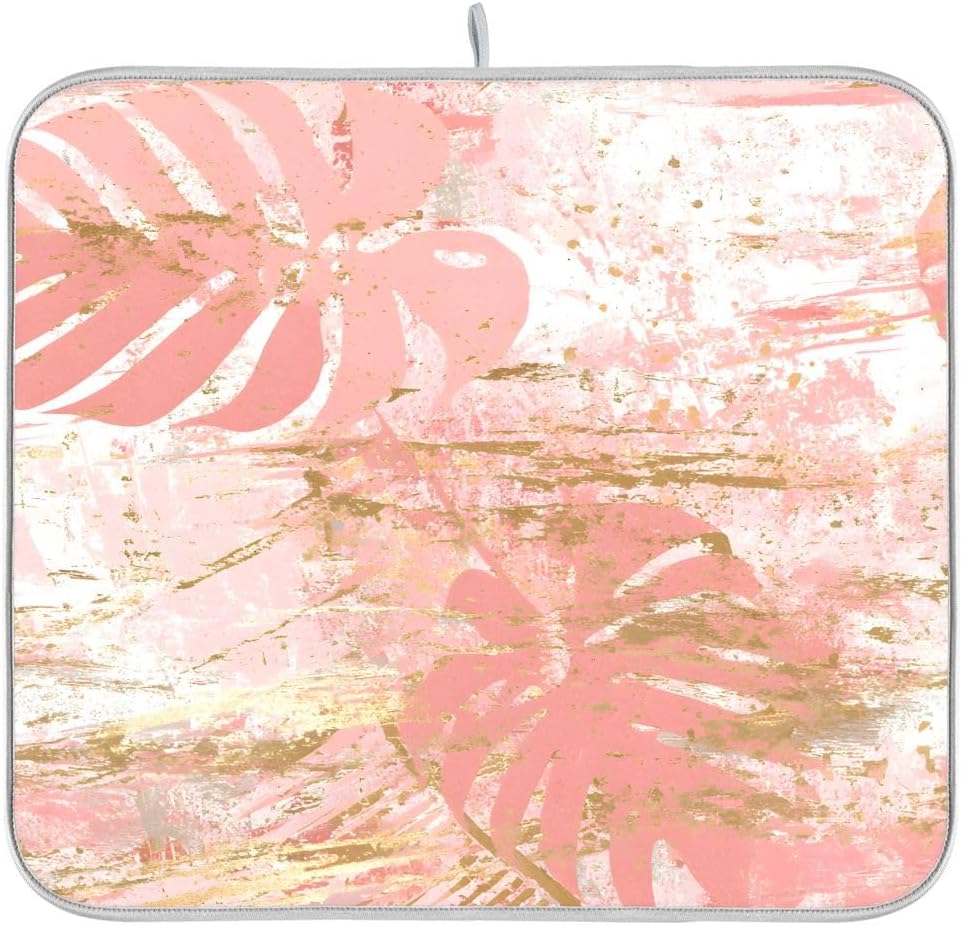 Vintage Marble Dish Drying Mat, Rose Pink Leaf Absorbent Dish Drying Mat for Kitchen, 16" x 18"