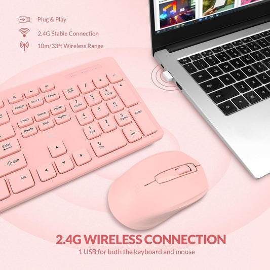 Wireless Keyboard and Mouse Combo - Standard Office PC Keyboard and Optical Wireless Mice (Pink)