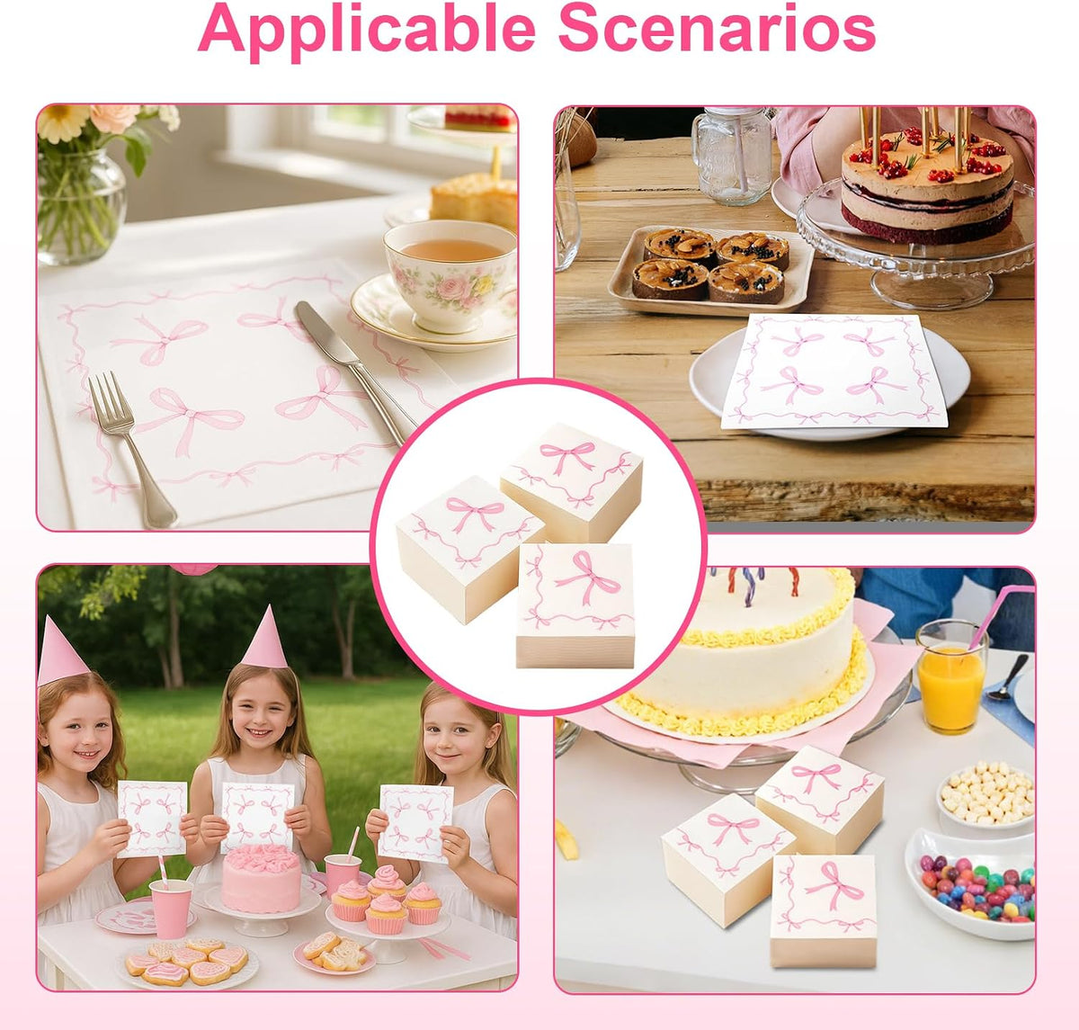 160 PCS Pink Bow Napkins Pink Napkins Disposable Folded 6.5 x 6.5 Inches Cute Bow Paper for Bridal Shower Tea Wedding Birthday Party Bow Theme Decorations