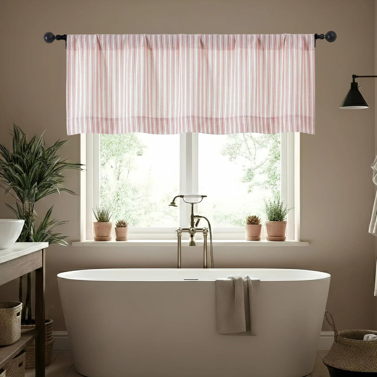 Pink Stripe Window Valances - Light Filtering Faux Linen Short Tier Valance Curtains, Rod Pocket Boho Striped Topper Farmhouse Valance for Living Room Bathroom, 52Wx18L, 2 Pieces