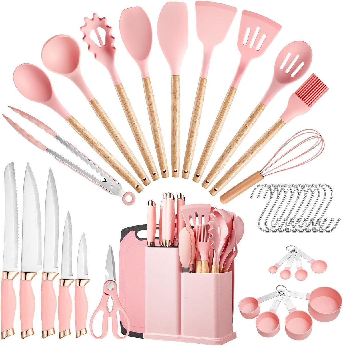 Kitchen Utensils Set,37 Piece Cooking Utensils and Knife Set,Pink