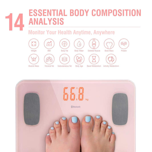 Body Fat Scale Smart BMI Scale Digital Bathroom Wireless Weight Scale, Body Composition Analyzer with Smartphone App sync with Bluetooth, 180KG/400 lbs-Pink