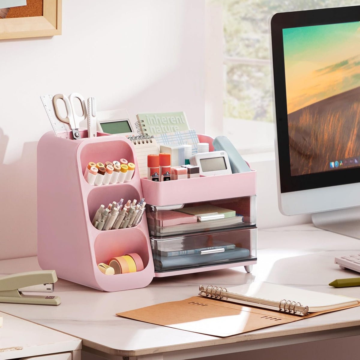 Desk Organizer with Pen Pencil Holder for Desk, Pen Organizer with 2 Drawers, Desk Organizers and Accessories with 4 Compartments, Desktop Storage for Office Home School Art Supplies, Pink