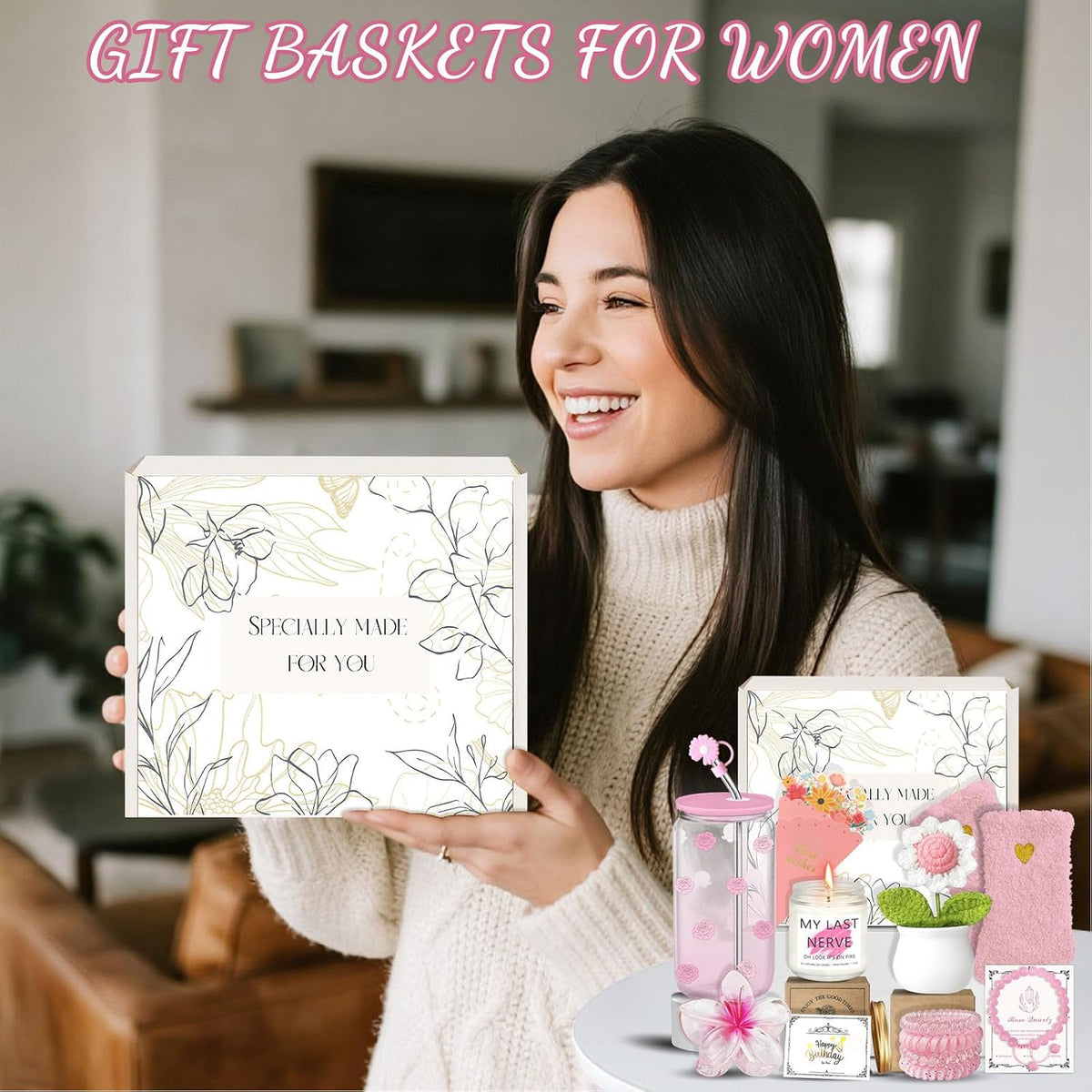 Birthday Gifts for Women Teen Girls, Unique Happy Graduation Gift Baskets for Her, Thank You Teacher Self Care Get Well Present Set, 14pcs Cute Rose Box Girlfriend Wife Sister Coworker(Pink)