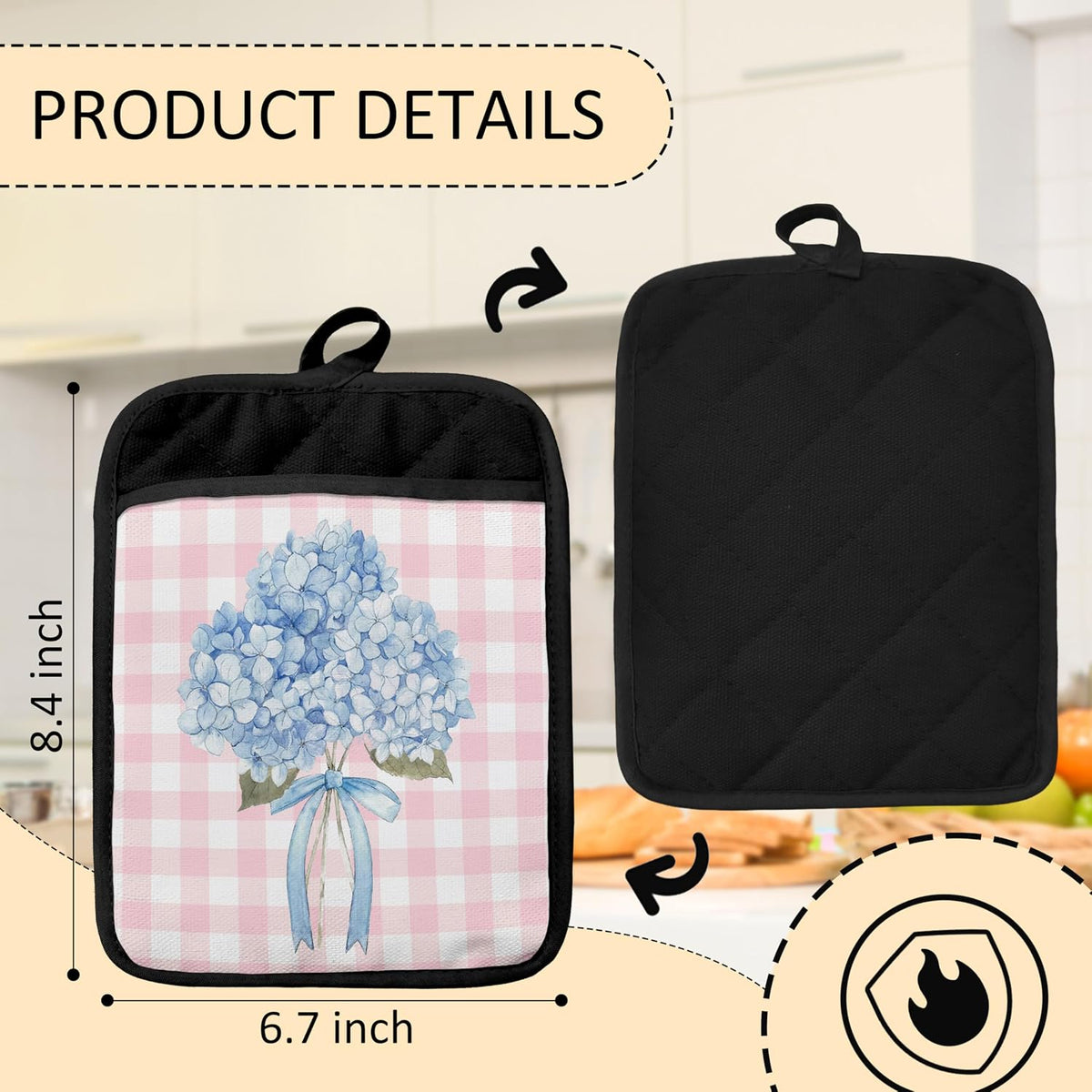 Coquette Bow Blue Hydrangea Floral Pot Holders 2 Pack Set, Preppy Pink and White Checkered Hydrangea Flower Heat Resistant Oven Hot Pads for Kitchen Countertop Baking,051 Potholder