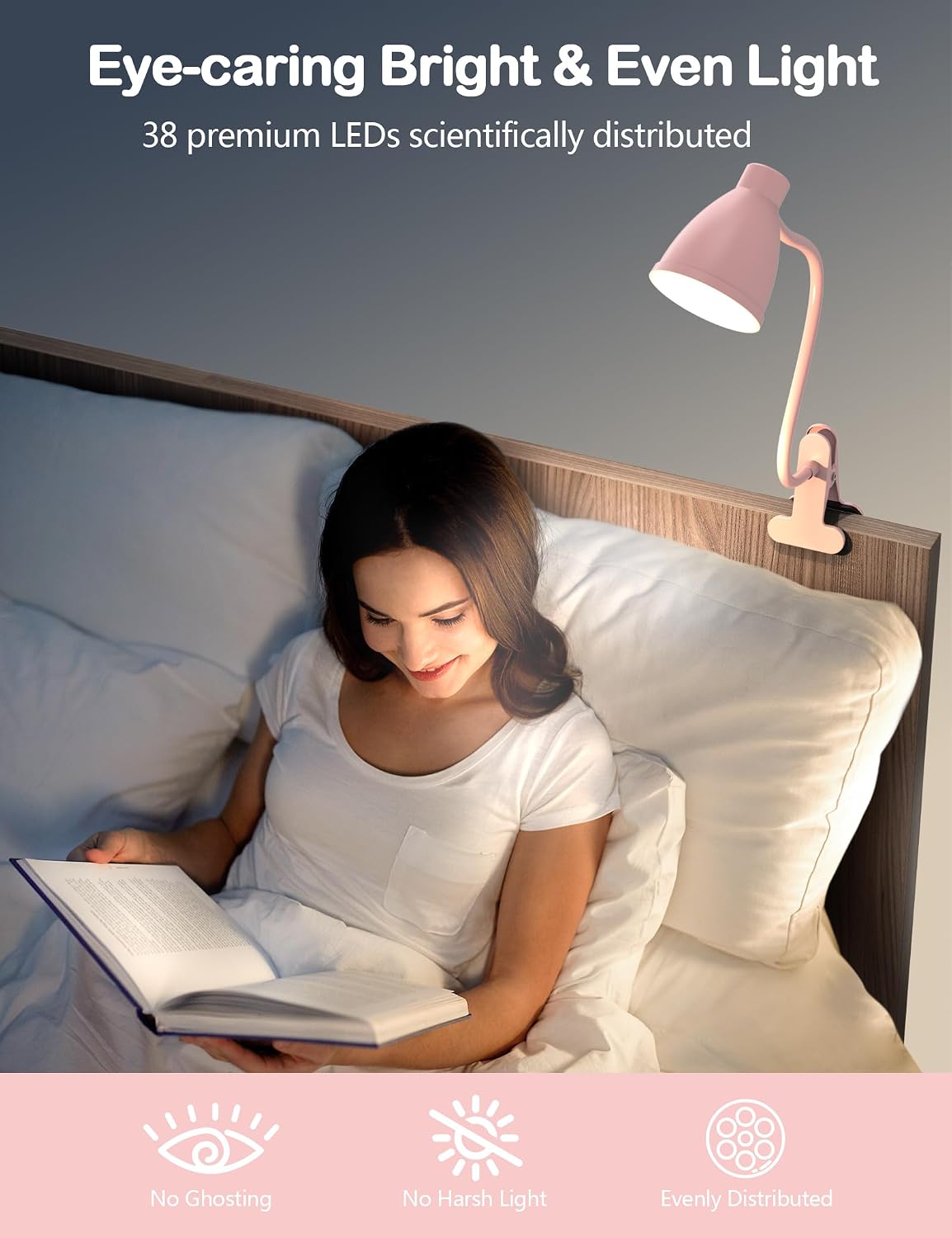 Cute Desk Lamp with Clamp Clip on Light, 5 Color 10 Brightness, Pink