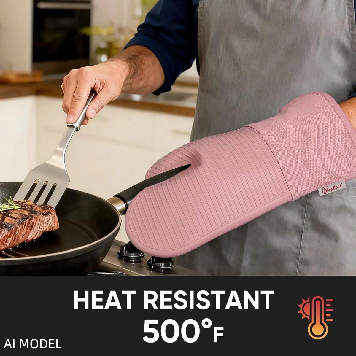 Silicone Oven Mitts,High Heat Resistant Up to 500 Degrees,Waterproof Cooking Gloves with Soft Polyester Filling,Kitchen Potholder Set - Perfect for BBQ,Baking and Cooking,Pink,2 Pcs Set