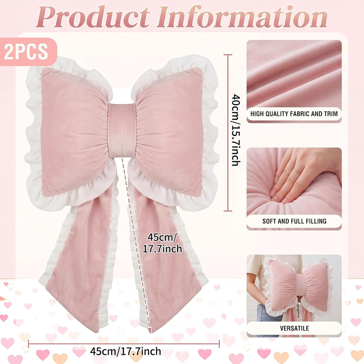 2 Pcs Pink Bow Pillows with Ruffles 17.72 x 15.75'' Bowknot Shaped