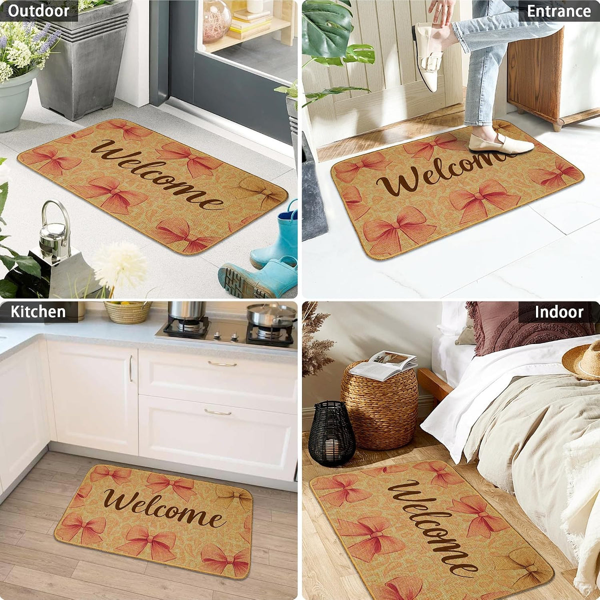 Pink Bow Indoor Outdoor Door Mat,Welcome Cute Bow Front Floor Mat Non-Slip Absorbent Low-Profile Washable Inside Entrance,Linen Sturdy Soft Entry Doormat for Entryway