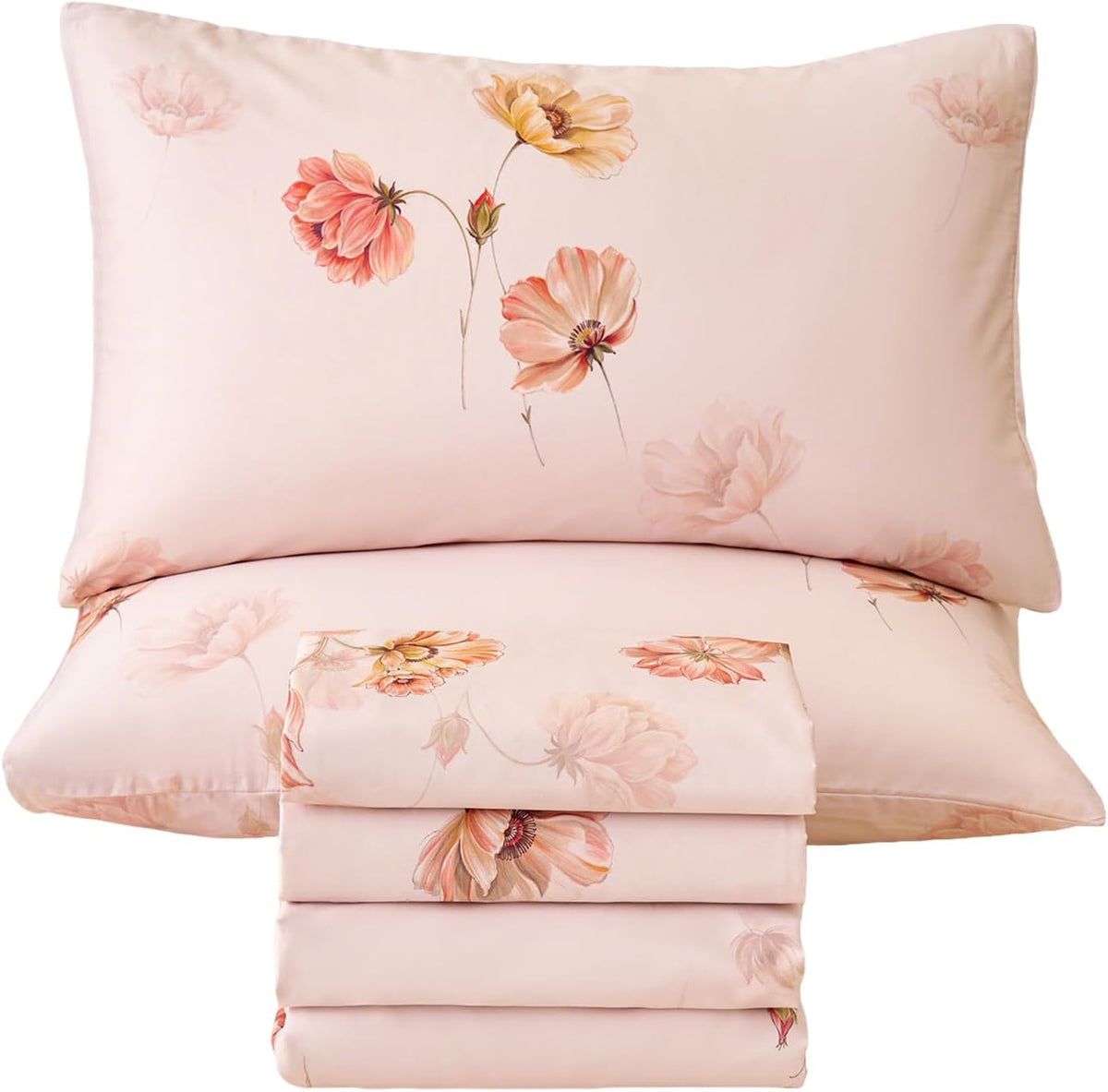 Blush Pink Floral Bed Sheets 100% Cotton Full Size Sheet Set Satin Weave 4Pcs, Apricot Peach Flower Printed Bed Set with Deep Pocket 17.5", Soft Breathable & Crisp, Luxury French Country