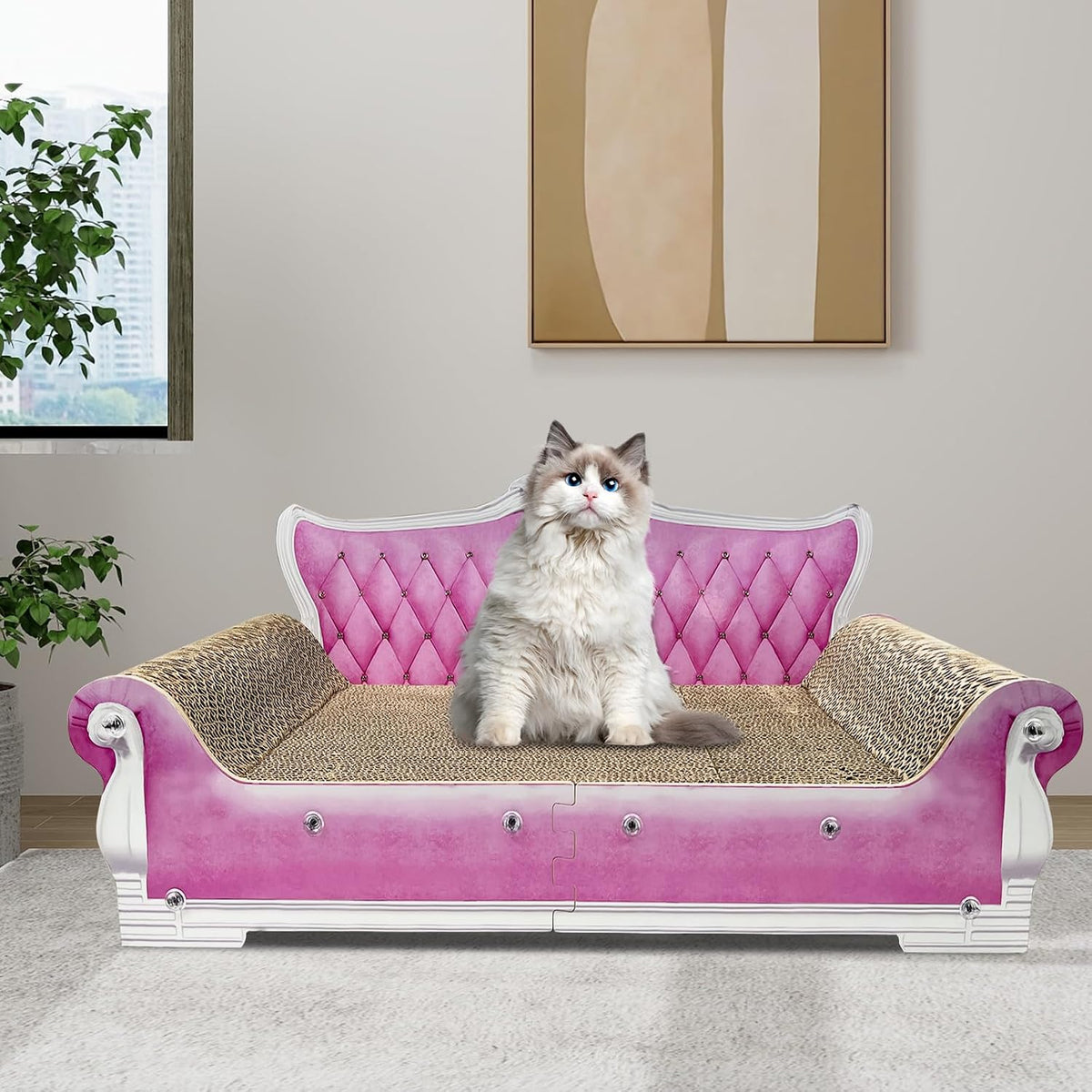 Luxury Cardboard Cat Scratcher Sofa Bed, Couch Shaped Scratching Board with Catnip, Scratcher for Indoor Cats, Large Pink