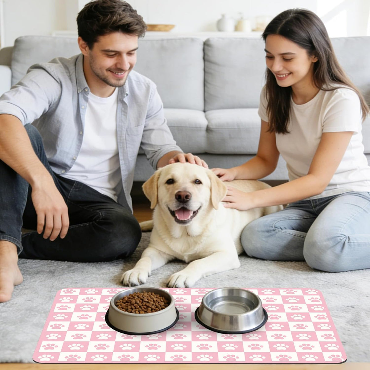 Pet Mats for Food and Water, Pink Checkered Dog Food Mat for Floors, Non Slip Indoor Quick Dry Cat Bowl Feeding Mats (11.8” X19.7”)