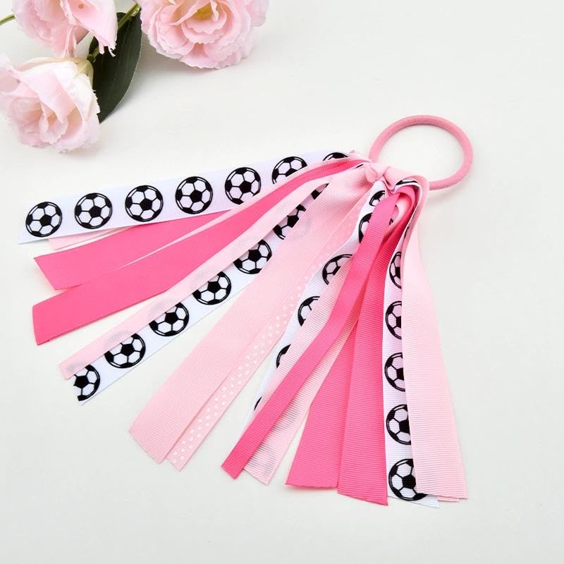 Soccer Hair Ties with Glitter Ribbons Pink Hair Accessories for Women Soccer Ribbon Hair Band Tassels Ponytail Holders Cheer Bows for Girls Scrunchies Streamers for Cheerleaders Team Gifts Ideas