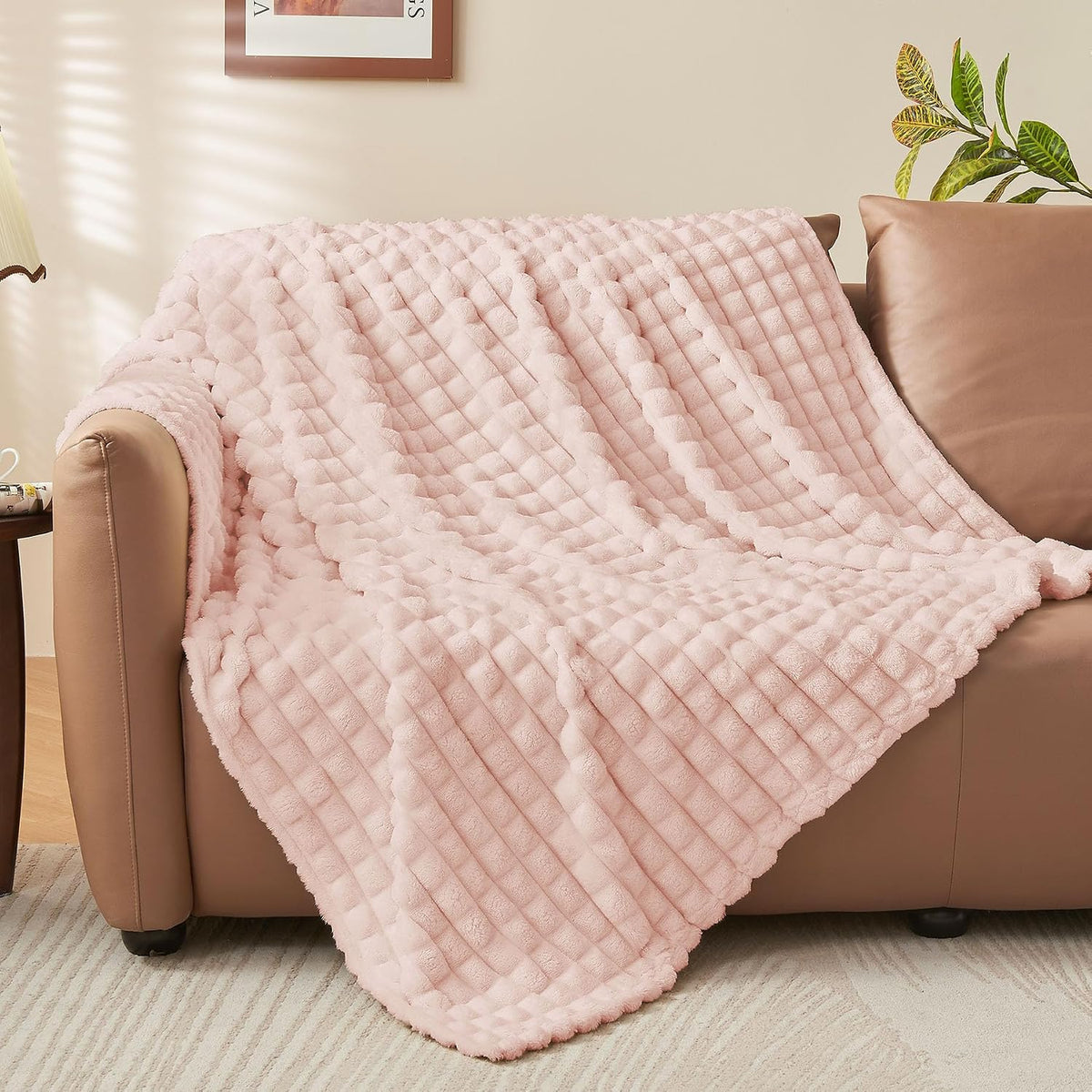 3D Checked Pink Fleece Throw Blanket for Couch, 50x60 Inches