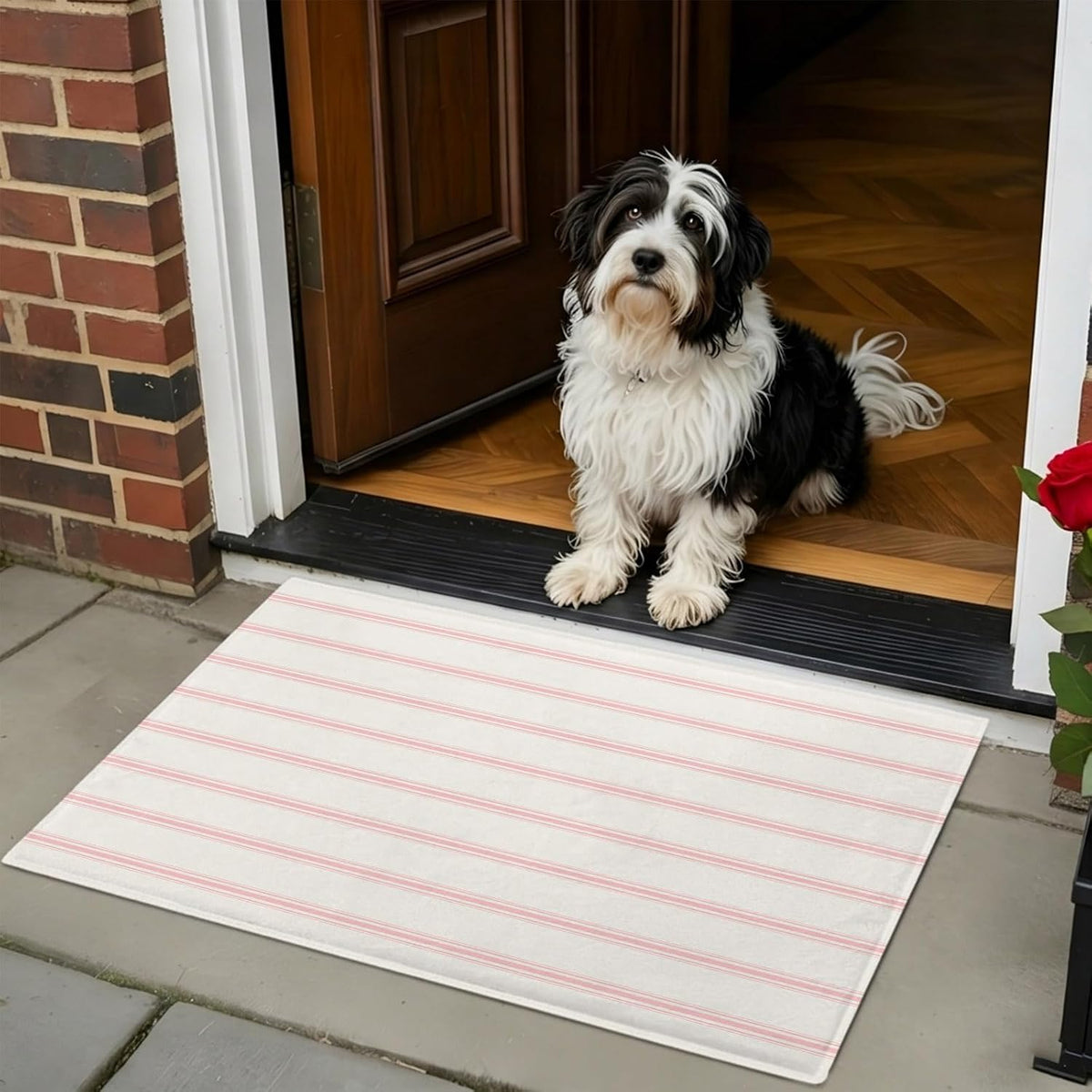 Non Slip Bath Mat for Bathroom Floor Tub, Minimalist Pink Stripe on Beige Bathroom Rug Water Absorbent Soft Shaggy Rugs Indoor Doormats Modern Pinstripes Line Art Mats,16x24in