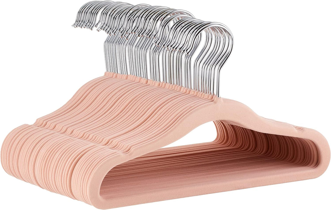 Amazon Basics Kids Space Saving Velvet Non-Slip Clothes Hangers with Shoulder Notches for Infant and Toddler, 11.6", Blush, 5