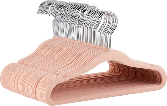 Amazon Basics Kids Space Saving Velvet Non-Slip Clothes Hangers with Shoulder Notches for Infant and Toddler, 11.6", Blush, 5