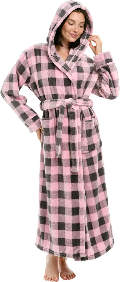 Women's Long Sleeve Plush Fleece Hooded Robe, Full Length Bathrobe