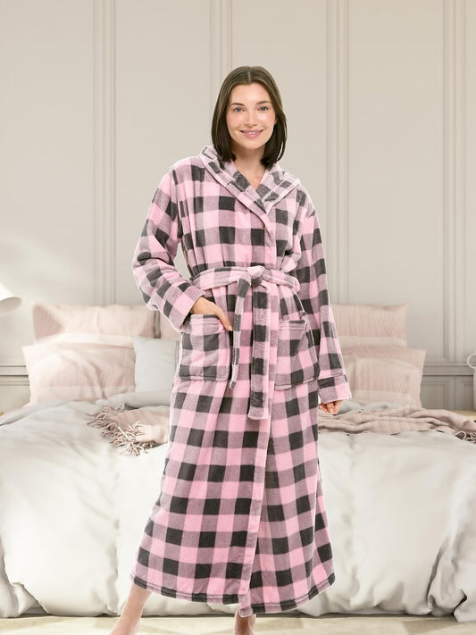 Women's Long Sleeve Plush Fleece Hooded Robe, Full Length Bathrobe