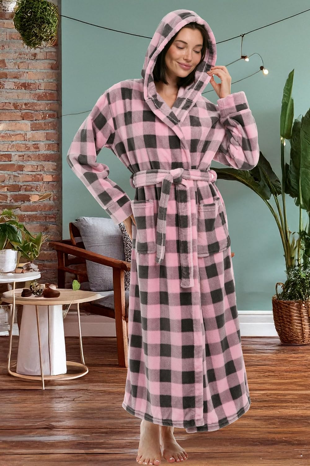 Women's Long Sleeve Plush Fleece Hooded Robe, Full Length Bathrobe