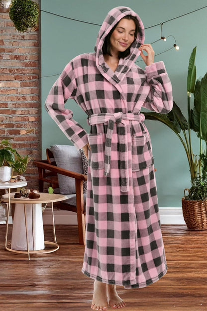 Women's Long Sleeve Plush Fleece Hooded Robe, Full Length Bathrobe