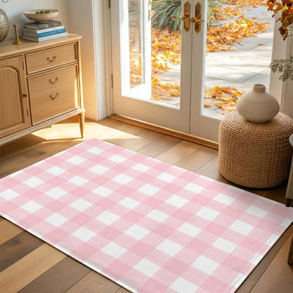 Non Slip Bath Mat for Bathroom Floor Tub, Pink White Buffalo Plaid Bathroom Rug Water Absorbent Soft Shaggy Rugs Indoor Doormats Modern Geometric Checkered Mats,16x24in