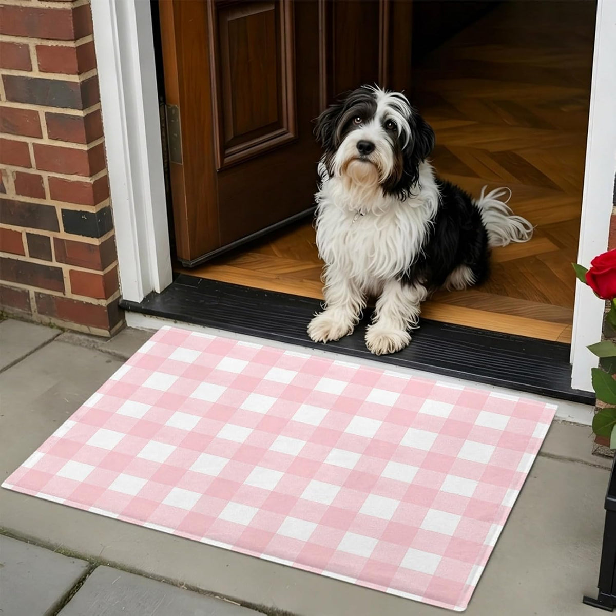 Non Slip Bath Mat for Bathroom Floor Tub, Pink White Buffalo Plaid Bathroom Rug Water Absorbent Soft Shaggy Rugs Indoor Doormats Modern Geometric Checkered Mats,16x24in