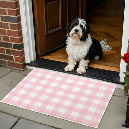 Non Slip Bath Mat for Bathroom Floor Tub, Pink White Buffalo Plaid Bathroom Rug Water Absorbent Soft Shaggy Rugs Indoor Doormats Modern Geometric Checkered Mats,16x24in