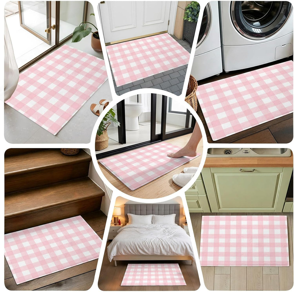 Non Slip Bath Mat for Bathroom Floor Tub, Pink White Buffalo Plaid Bathroom Rug Water Absorbent Soft Shaggy Rugs Indoor Doormats Modern Geometric Checkered Mats,16x24in