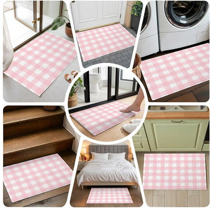 Non Slip Bath Mat for Bathroom Floor Tub, Pink White Buffalo Plaid Bathroom Rug Water Absorbent Soft Shaggy Rugs Indoor Doormats Modern Geometric Checkered Mats,16x24in