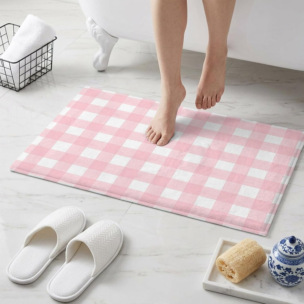 Non Slip Bath Mat for Bathroom Floor Tub, Pink White Buffalo Plaid Bathroom Rug Water Absorbent Soft Shaggy Rugs Indoor Doormats Modern Geometric Checkered Mats,16x24in
