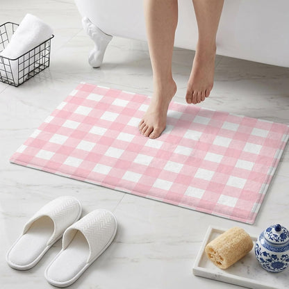 Non Slip Bath Mat for Bathroom Floor Tub, Pink White Buffalo Plaid Bathroom Rug Water Absorbent Soft Shaggy Rugs Indoor Doormats Modern Geometric Checkered Mats,16x24in