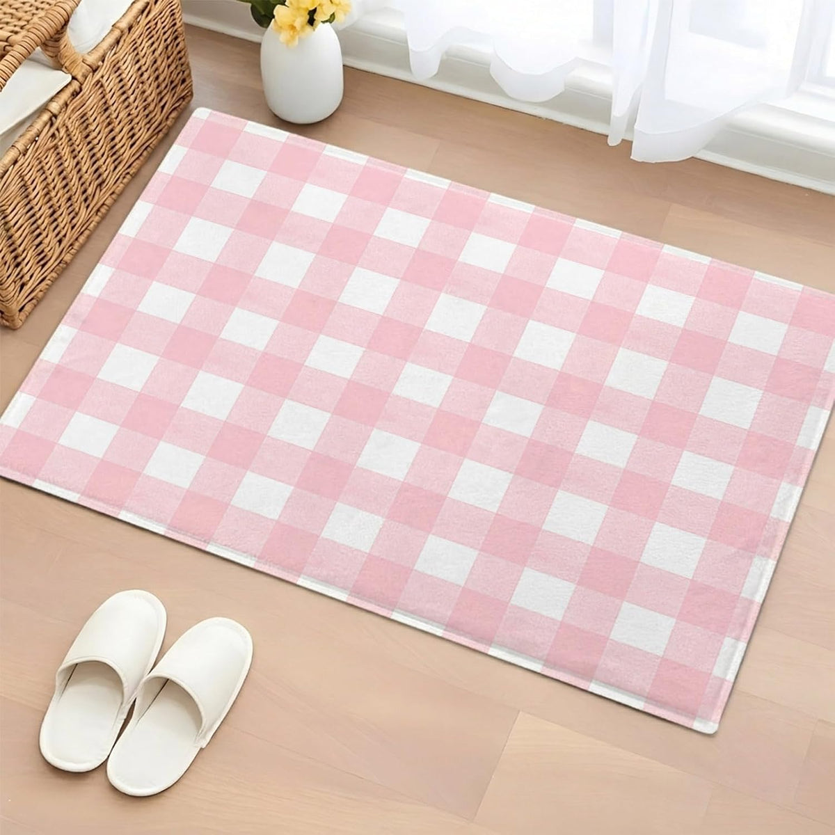Non Slip Bath Mat for Bathroom Floor Tub, Pink White Buffalo Plaid Bathroom Rug Water Absorbent Soft Shaggy Rugs Indoor Doormats Modern Geometric Checkered Mats,16x24in