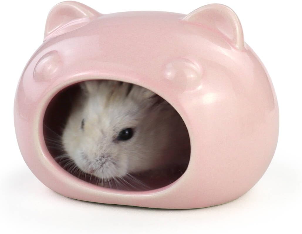 Hamster Ceramic House, Cute Bear Shape Hamsters Summer Cooling Cave for Small Pets Dwarf Mice Gerbils (Pink, S)