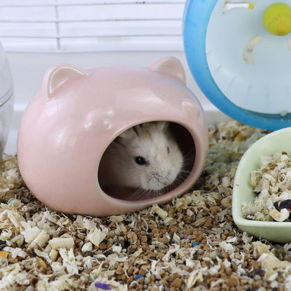 Hamster Ceramic House, Cute Bear Shape Hamsters Summer Cooling Cave for Small Pets Dwarf Mice Gerbils (Pink, S)