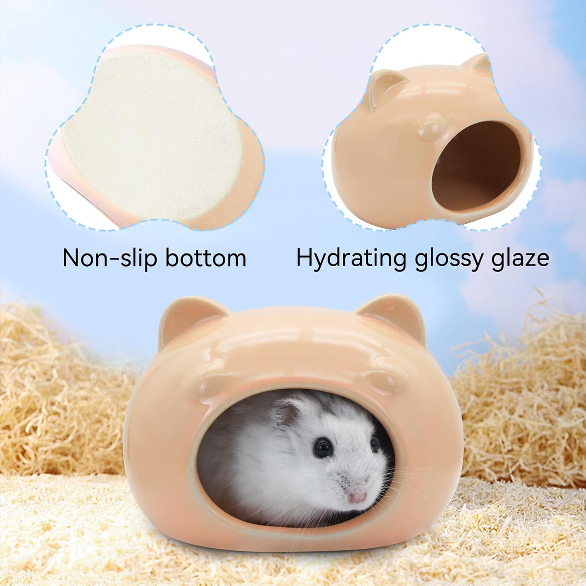 Hamster Ceramic House, Cute Bear Shape Hamsters Summer Cooling Cave for Small Pets Dwarf Mice Gerbils (Pink, S)