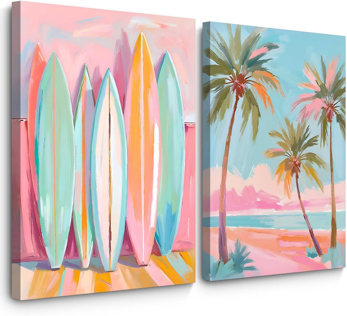 Pink Beach Wall Art Coastal Canvas Pictures Palm Tree Wall Decor Summer Surf Poster Pastel Ocean Painting Tropical Beachy Prints Preppy Aesthetic Artwork for Girl Room Bedroom 12x16 Inch Ready to Hang
