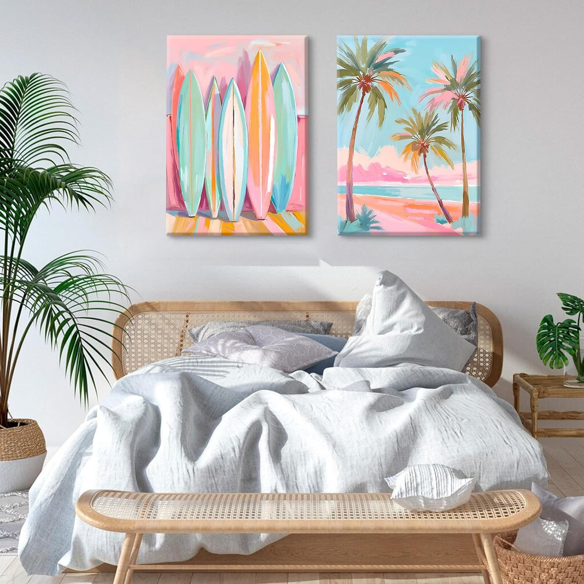 Pink Beach Wall Art Coastal Canvas Pictures Palm Tree Wall Decor Summer Surf Poster Pastel Ocean Painting Tropical Beachy Prints Preppy Aesthetic Artwork for Girl Room Bedroom 12x16 Inch Ready to Hang