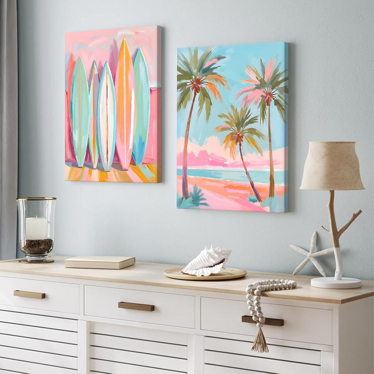 Pink Beach Wall Art Coastal Canvas Pictures Palm Tree Wall Decor Summer Surf Poster Pastel Ocean Painting Tropical Beachy Prints Preppy Aesthetic Artwork for Girl Room Bedroom 12x16 Inch Ready to Hang