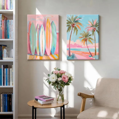 Pink Beach Wall Art Coastal Canvas Pictures Palm Tree Wall Decor Summer Surf Poster Pastel Ocean Painting Tropical Beachy Prints Preppy Aesthetic Artwork for Girl Room Bedroom 12x16 Inch Ready to Hang