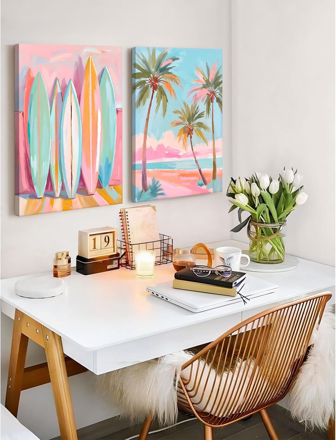 Pink Beach Wall Art Coastal Canvas Pictures Palm Tree Wall Decor Summer Surf Poster Pastel Ocean Painting Tropical Beachy Prints Preppy Aesthetic Artwork for Girl Room Bedroom 12x16 Inch Ready to Hang