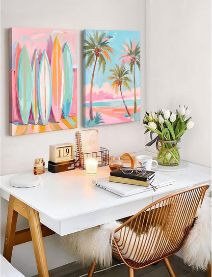 Pink Beach Wall Art Coastal Canvas Pictures Palm Tree Wall Decor Summer Surf Poster Pastel Ocean Painting Tropical Beachy Prints Preppy Aesthetic Artwork for Girl Room Bedroom 12x16 Inch Ready to Hang
