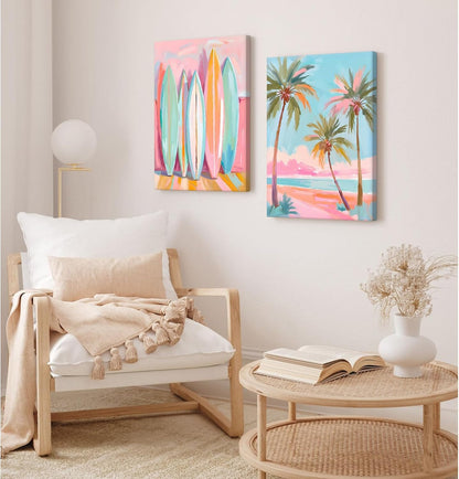 Pink Beach Wall Art Coastal Canvas Pictures Palm Tree Wall Decor Summer Surf Poster Pastel Ocean Painting Tropical Beachy Prints Preppy Aesthetic Artwork for Girl Room Bedroom 12x16 Inch Ready to Hang