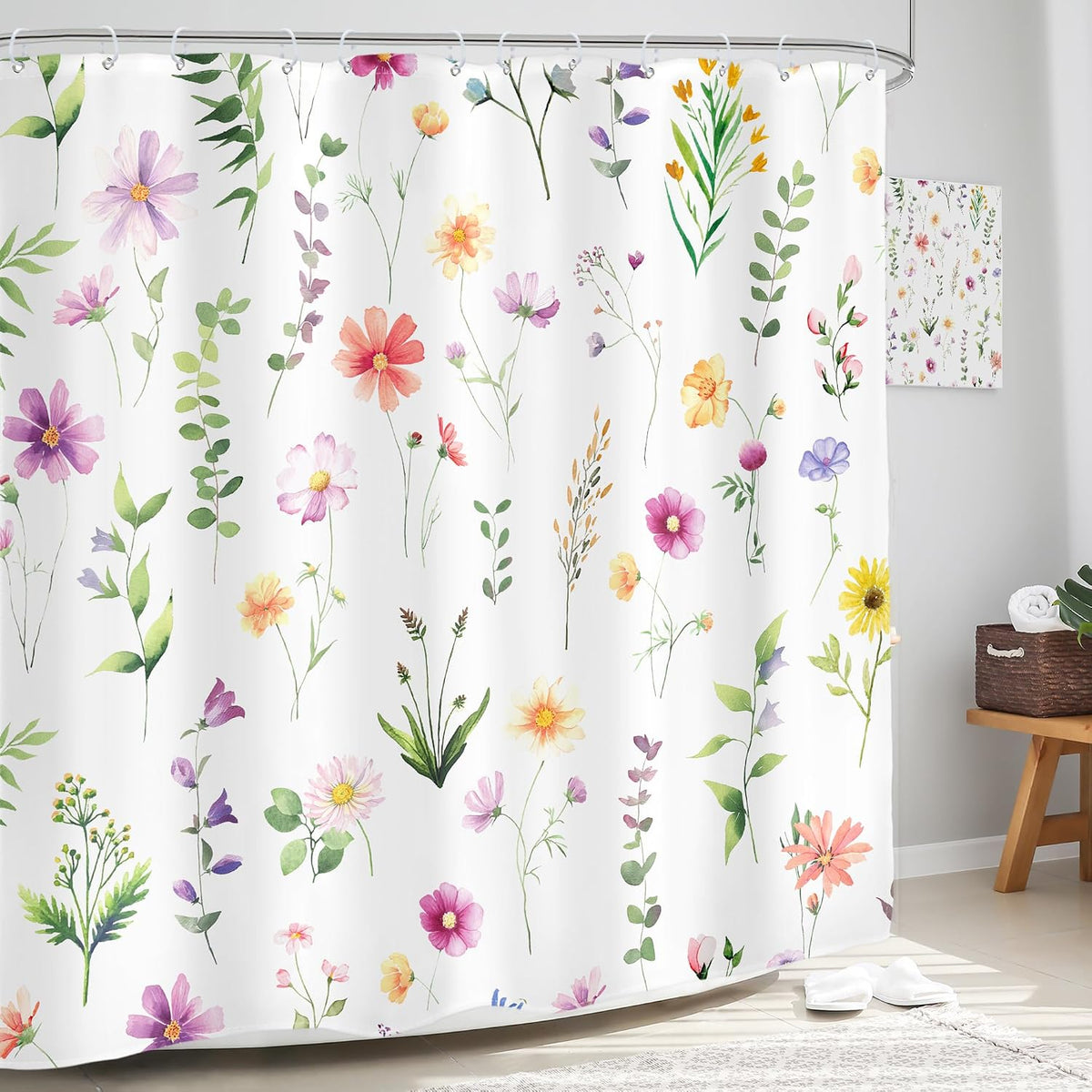 Pink Floral Shower Curtain Summer Flowers Bathroom Curtain Set
