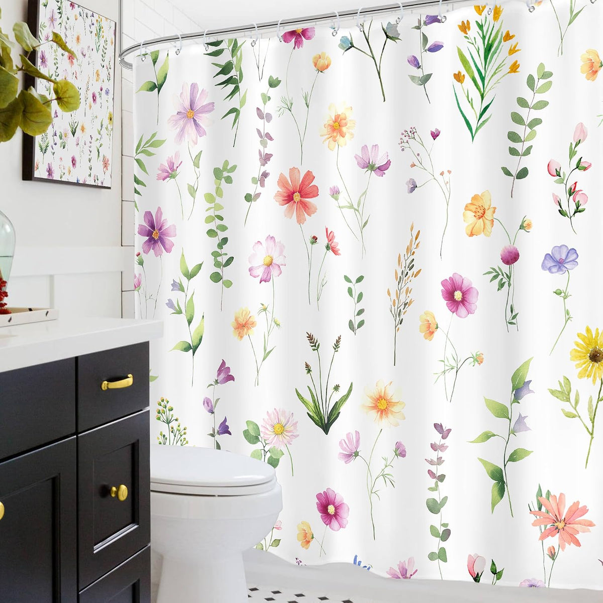 Pink Floral Shower Curtain Summer Flowers Bathroom Curtain Set