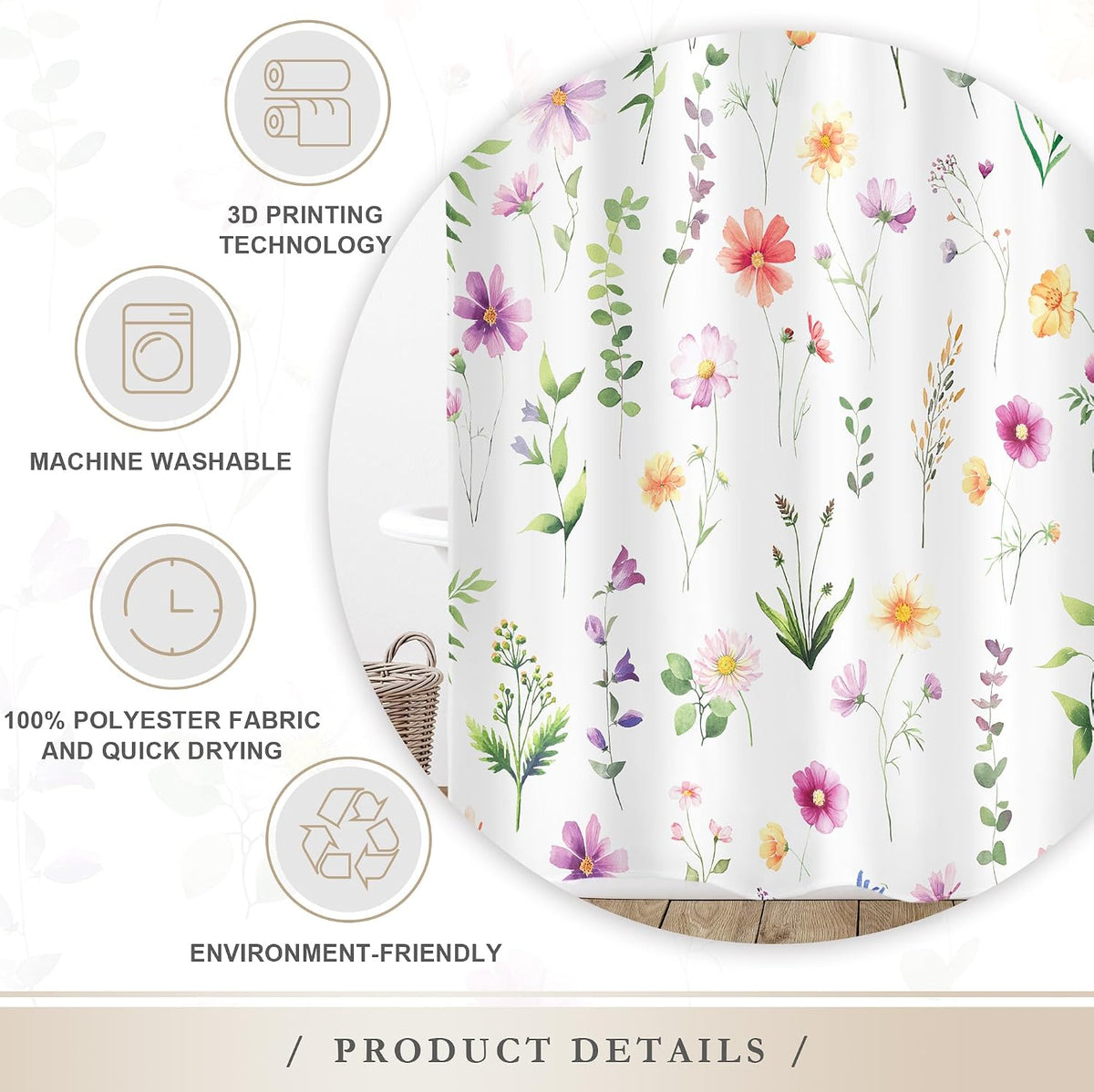 Pink Floral Shower Curtain Summer Flowers Bathroom Curtain Set