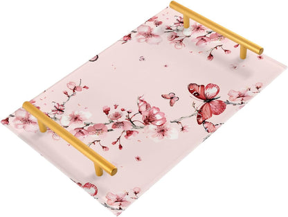 Pink Cherry Flowers Blossom Retro Decorative Tray with Handles Handled Serving Tray Eating Tray for Jewelry Perfume Living Room Kitchen Serving