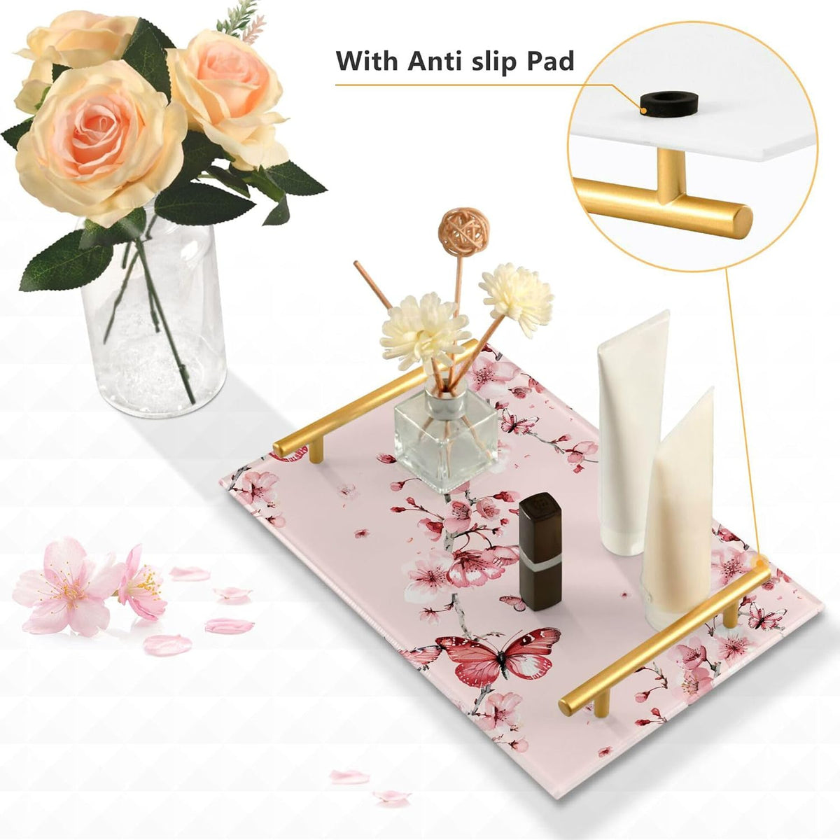 Pink Cherry Flowers Blossom Retro Decorative Tray with Handles Handled Serving Tray Eating Tray for Jewelry Perfume Living Room Kitchen Serving