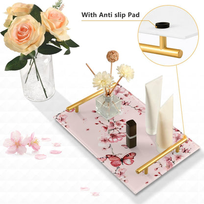 Pink Cherry Flowers Blossom Retro Decorative Tray with Handles Handled Serving Tray Eating Tray for Jewelry Perfume Living Room Kitchen Serving